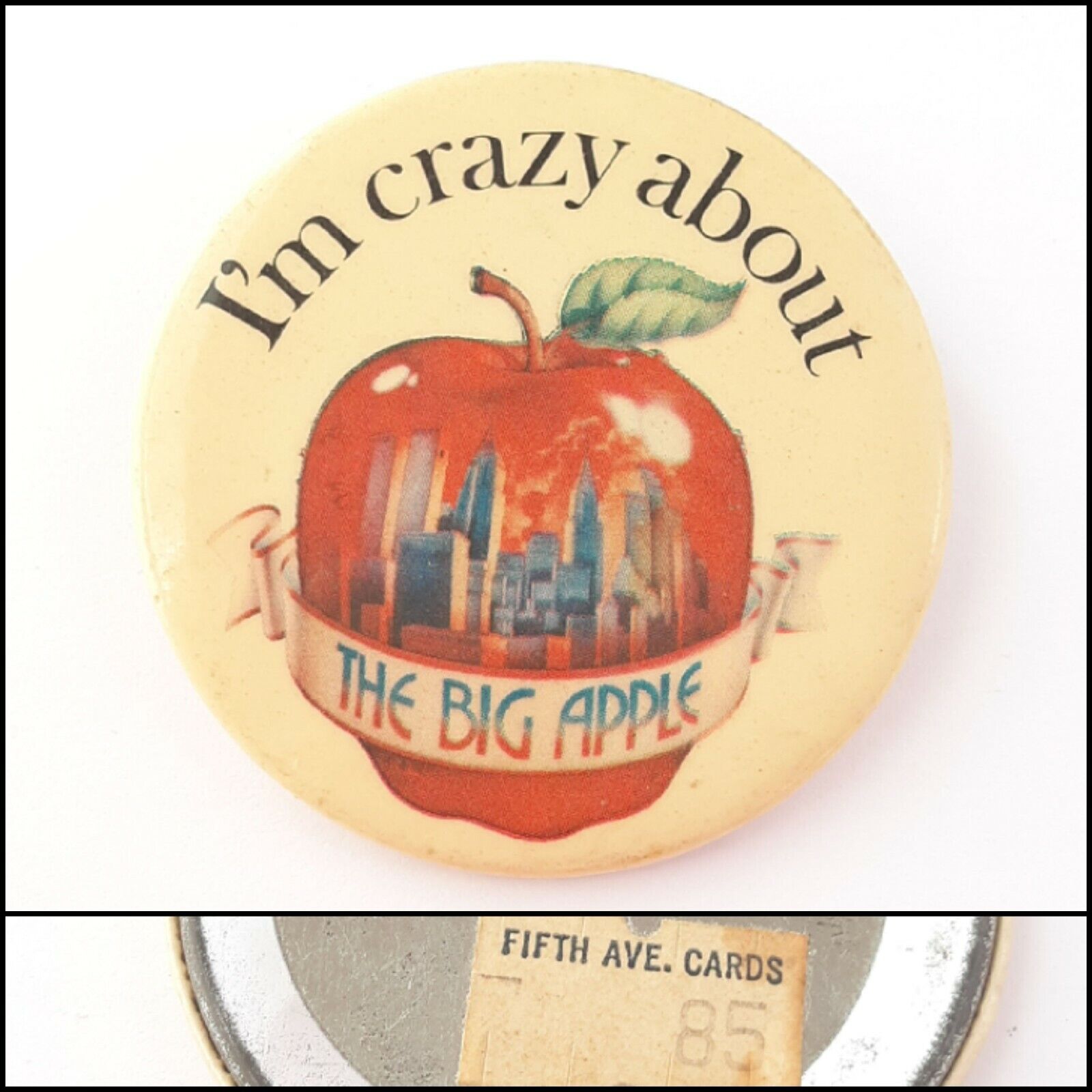 Vintage I\'m Crazy About the Big Apple W/ 5th Ave Cards Tag Button Pin