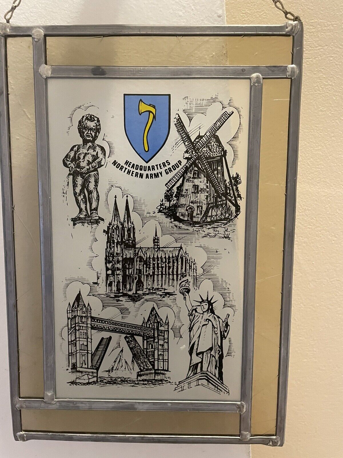 Rare 1950s NATO Northern Army Group Stained Glass Frame Landmarks 11 1/2” by 8”