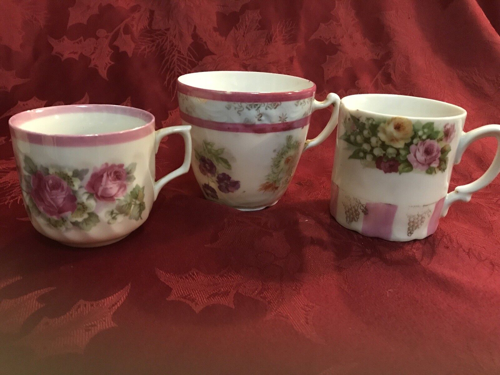 Antique German Porcelain Mugs Set Of 3 Pink Roses