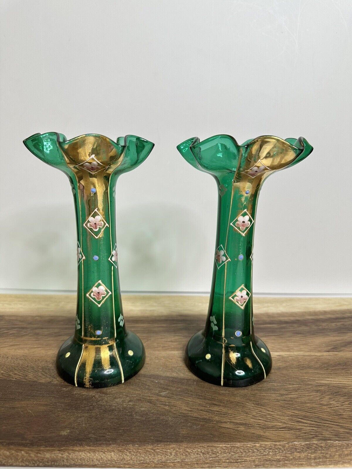 Pair of Antique Art Nouveau Green Glass Vases Hand Painted Bohemian Glass