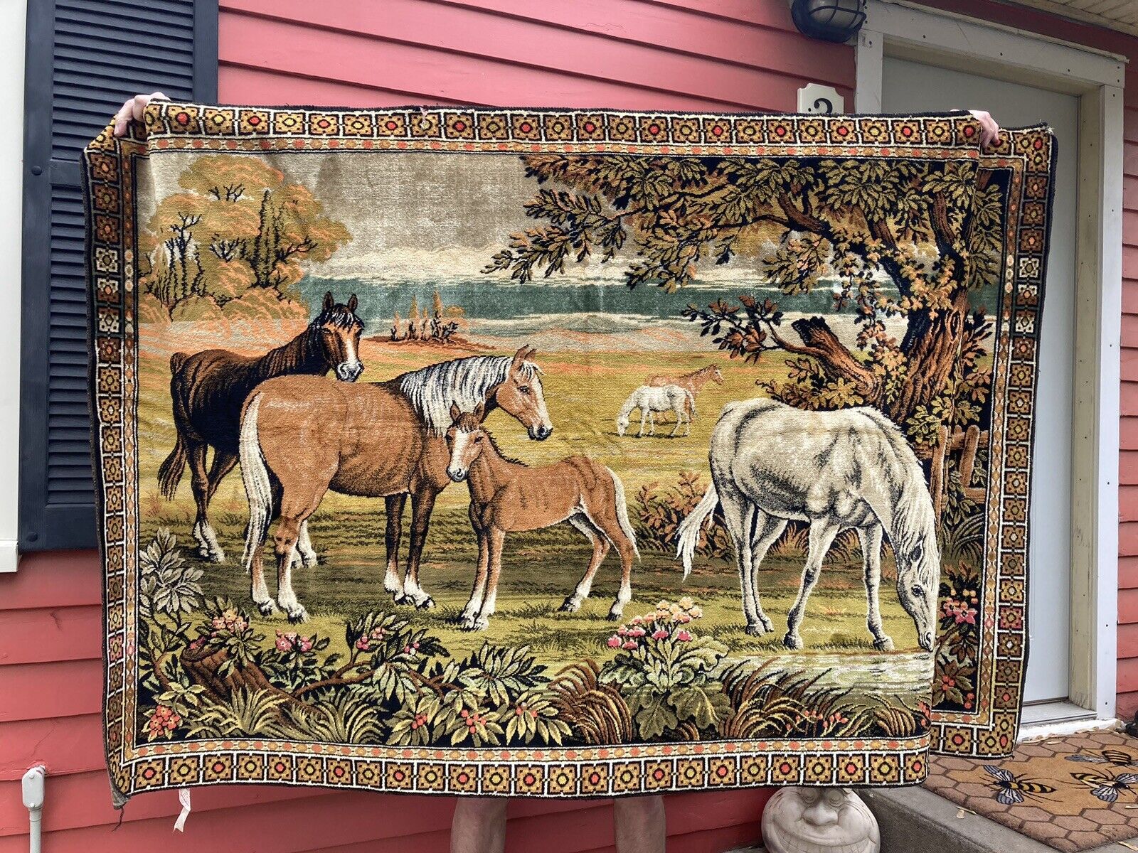 Vintage Italy MCM Horses In Field Tapestry Wall Hanging Western Cabin Decor