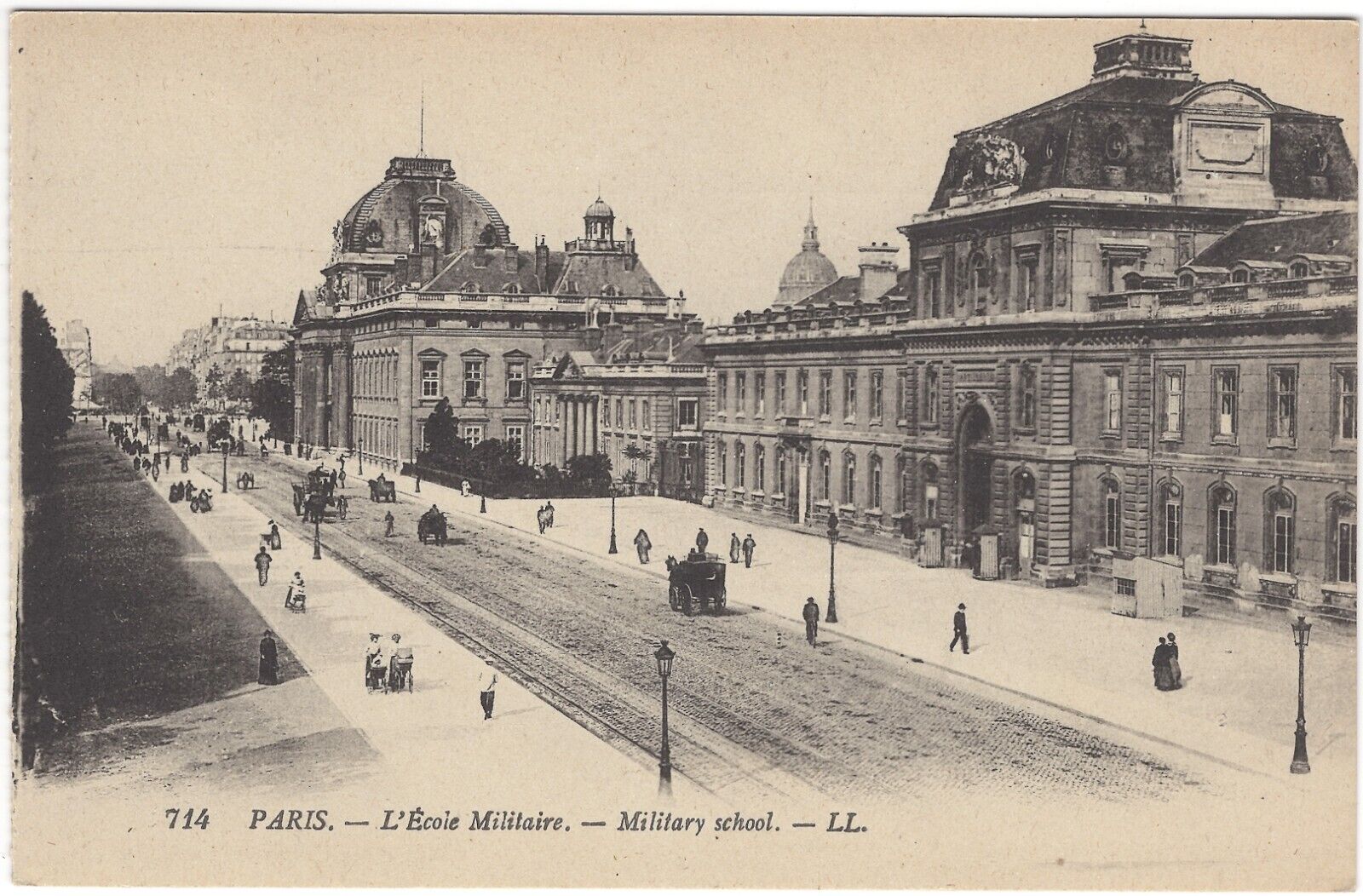 VTG Paris The Military School Arial Street View 1900 Horse Carriages B&W RPPC