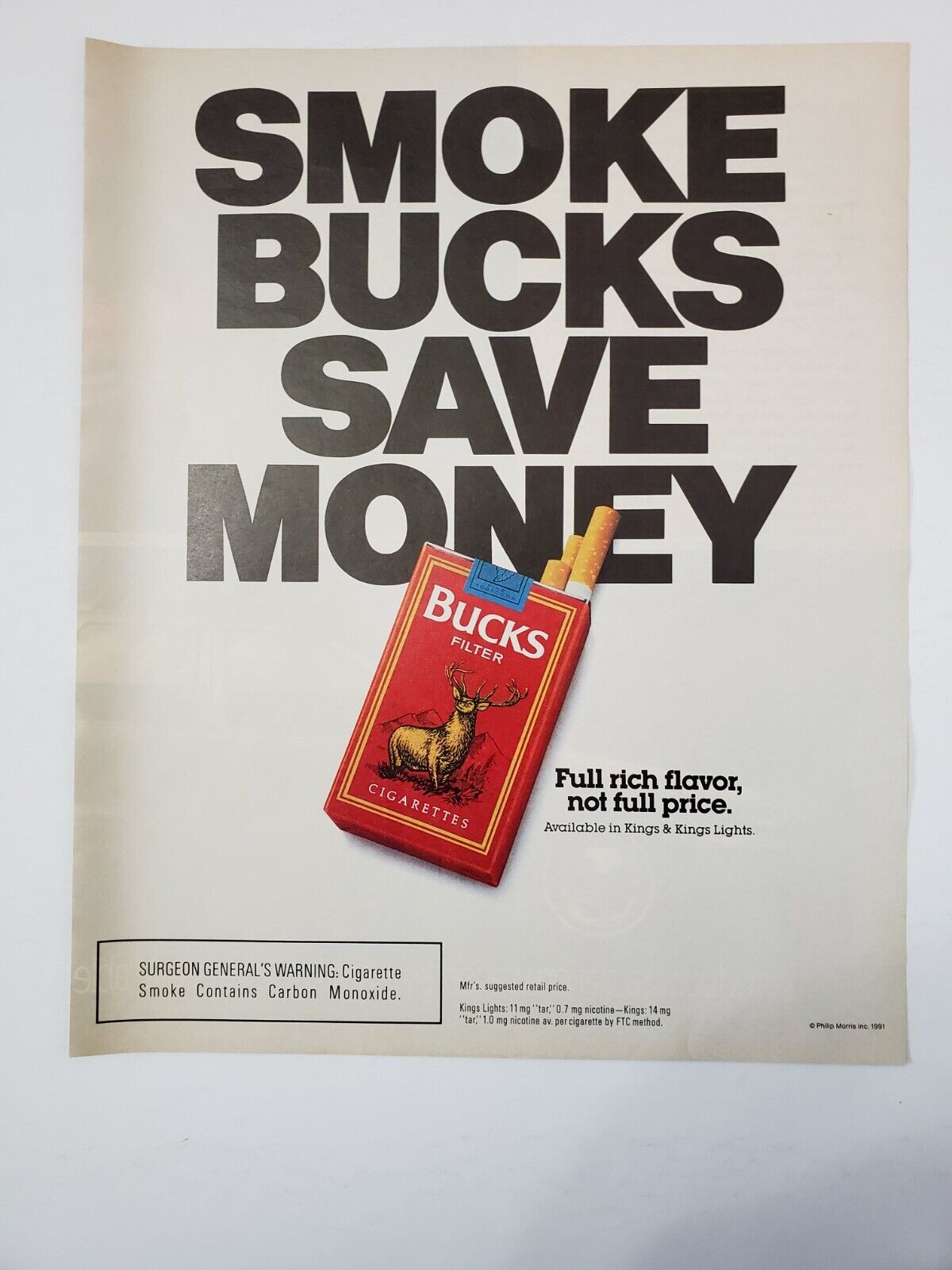 1991 Bucks Filter Cigarettes\' Vintage Print Ad Deer Mountains