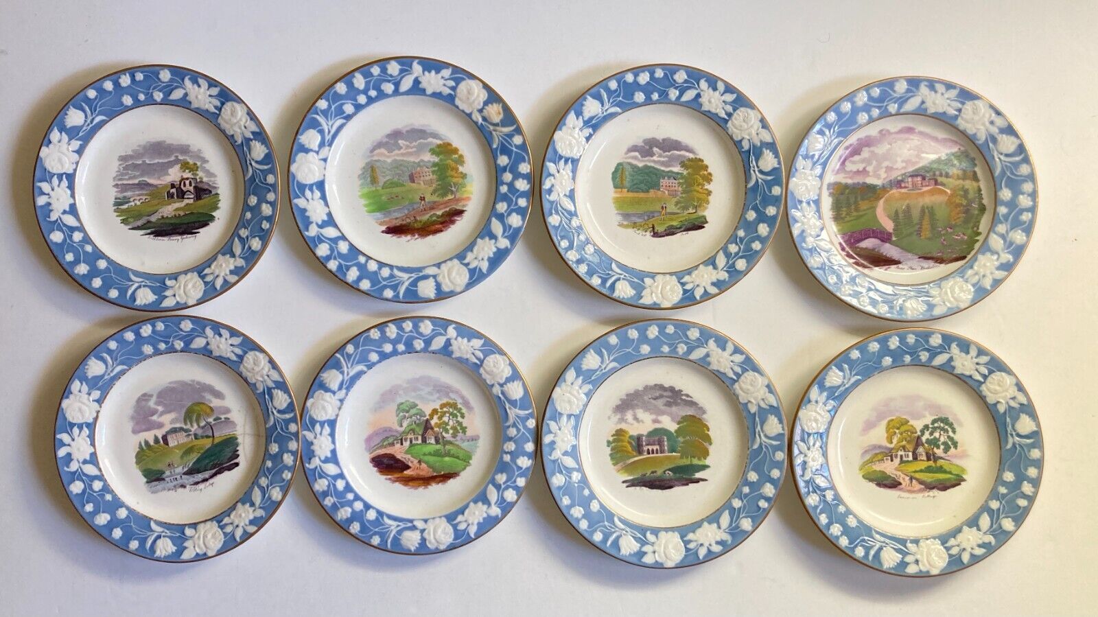 8pcs  c.1812-25 New Hall porcelain English village scene 8\'\' plates, collectible