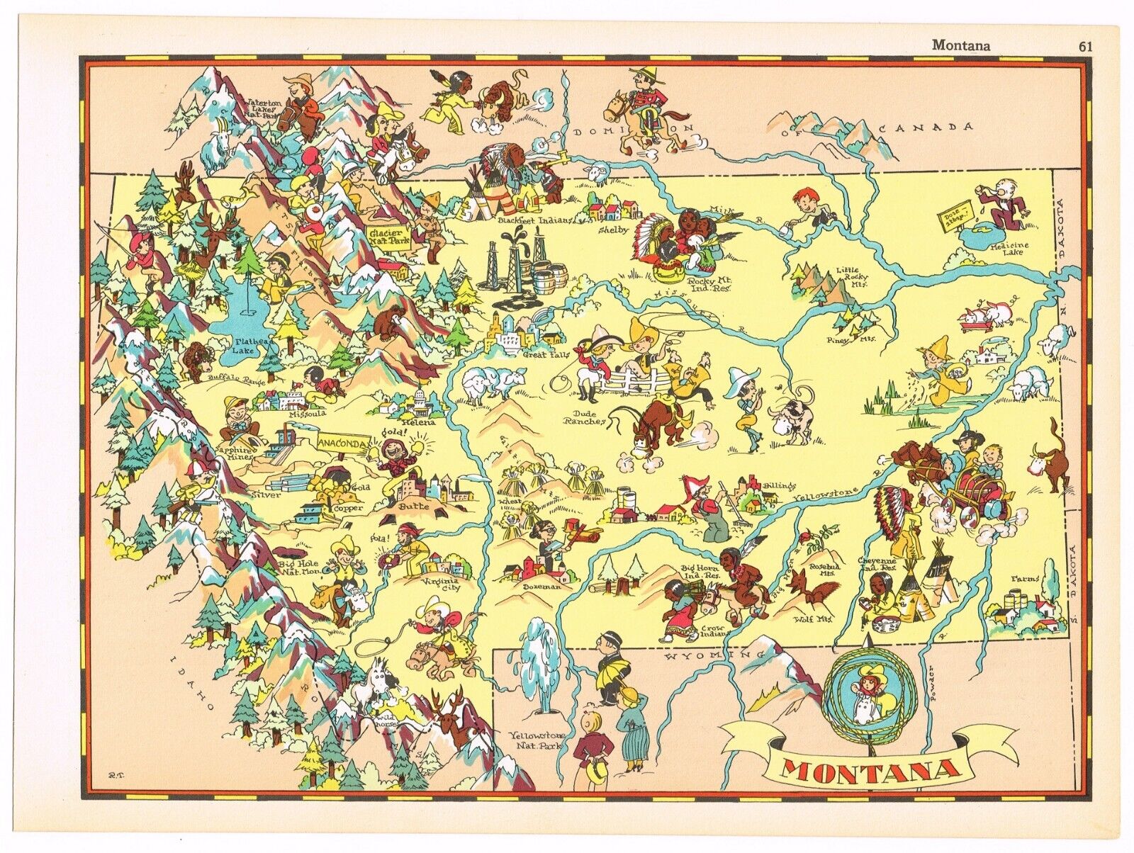 ORIGINAL GAY GEOGRAPHY RUTH TAYLOR PICTORIAL MAP 1935 MONTANA COWBOYS RODEO 