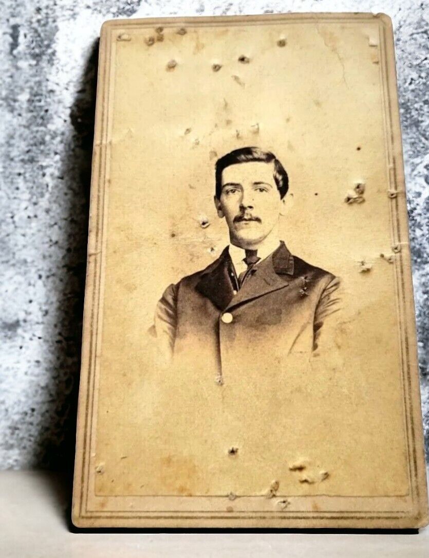 1800s Mid-19th Century Man Mustache Tie Suit Antique Original CDV Card Photo