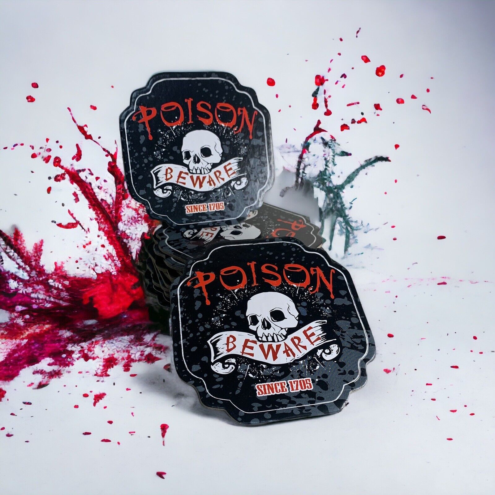 Set Of 12 Beer Drink Coasters “Poison Beware Since 1705” Halloween Party Skull 