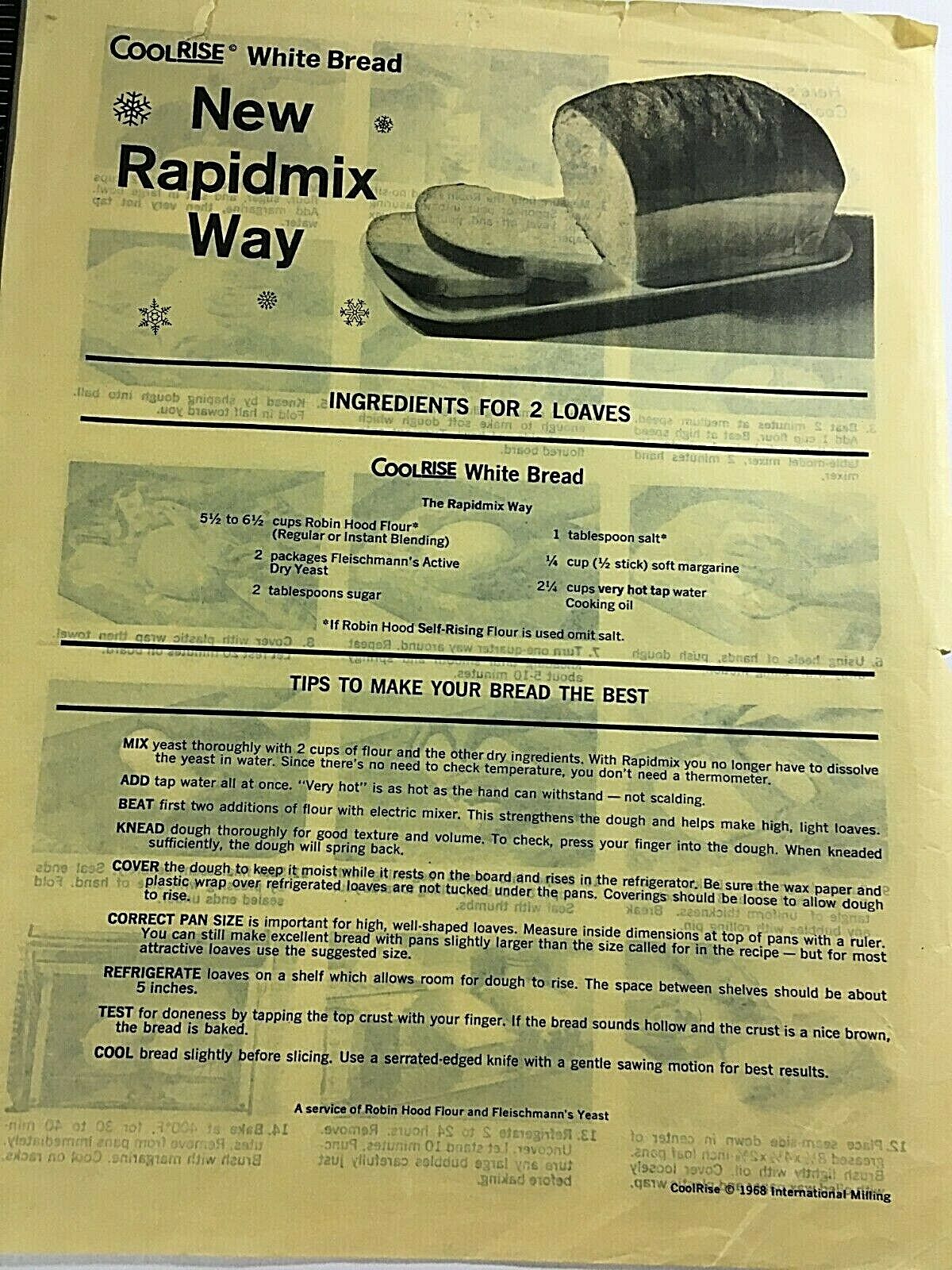Vintage 1968 Coolrise White Bread New Rapidmix Way instructions Int\'l Milling