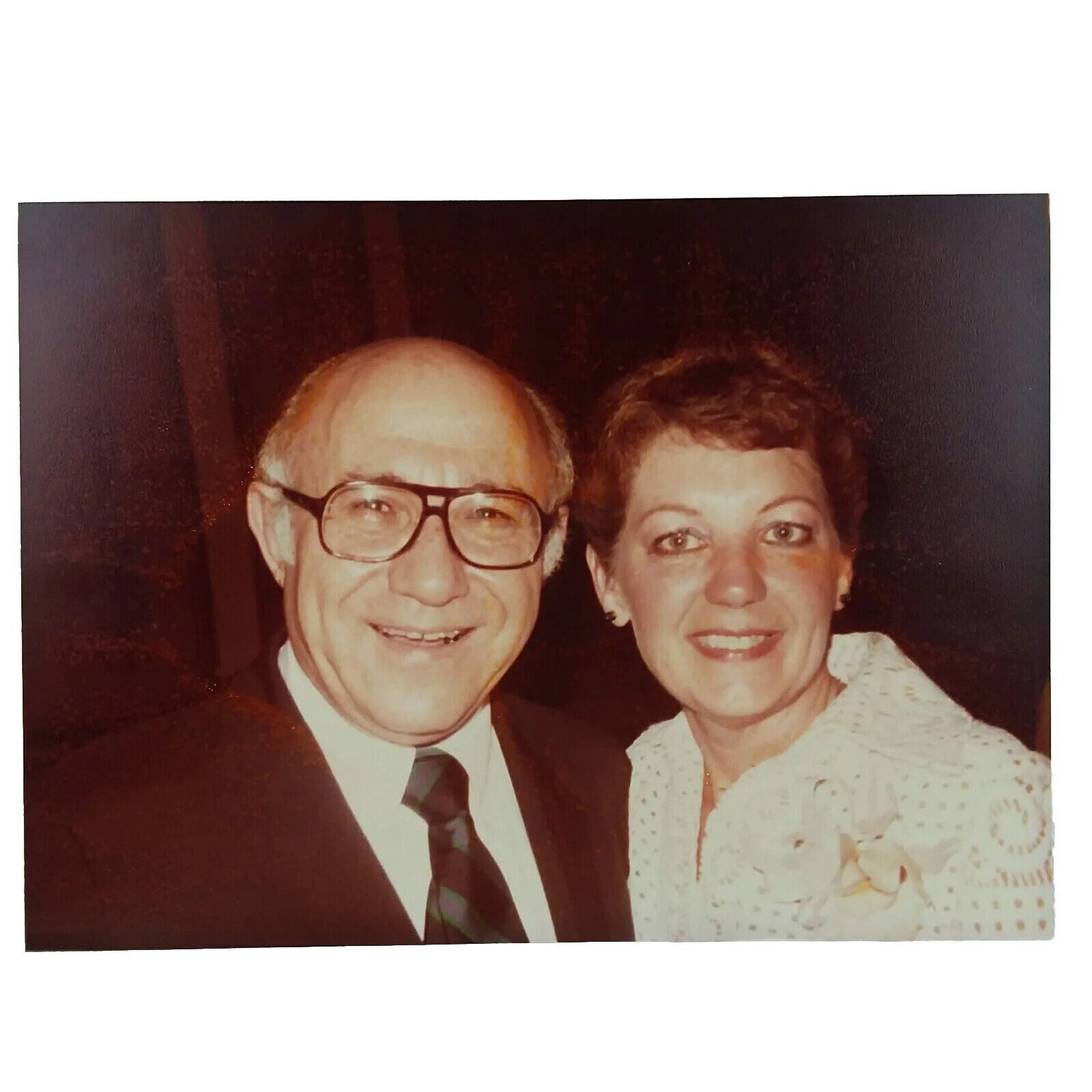 Snapshot Vtg Photo 70s Couple Smiling Balding Man Woman Glasses Happy Color 5x7 