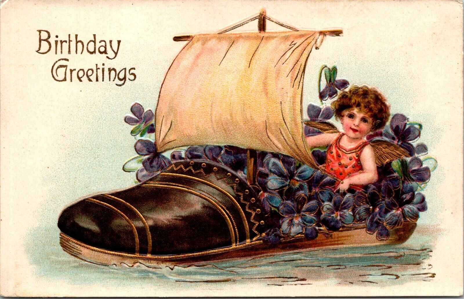 Birthday Greetings Vintage Postcard Early 1900 Embossed Boy Shoe Sailboat