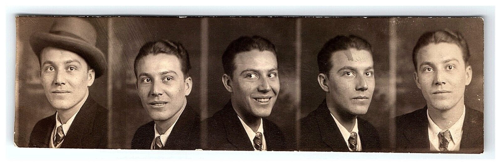 c1920s-30s Young Man 5 Different Pose's Photo Picture Booth One Strip Card Hat