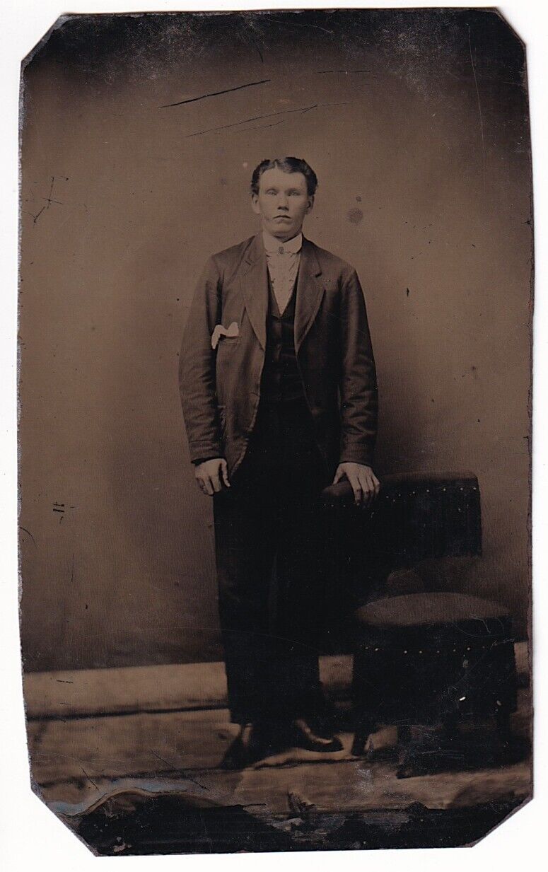 Antique Tintype Young Dandy Man Standing Holding Chair Photography 