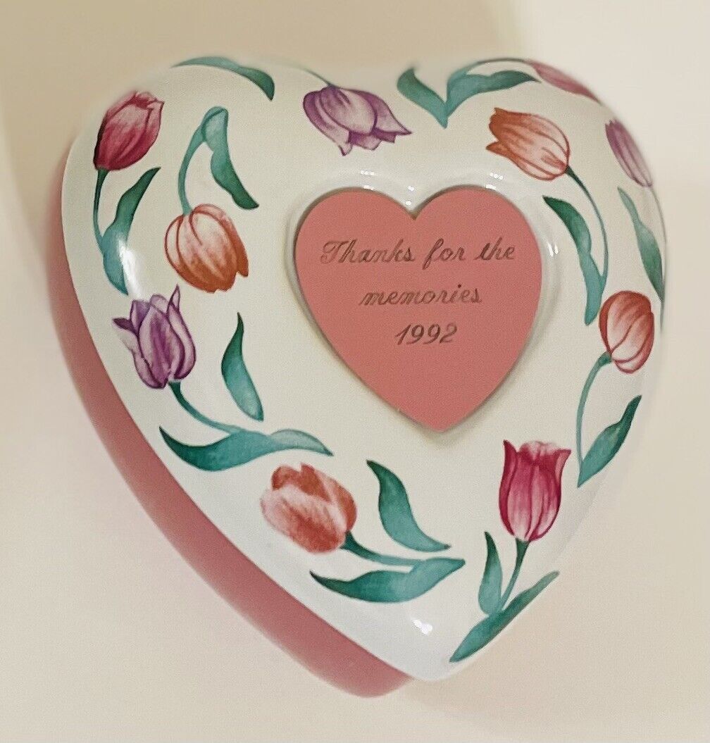 VTG 90s Heart Shaped Trinket Dish Personalized Thanks for Memories 1992 Tulips