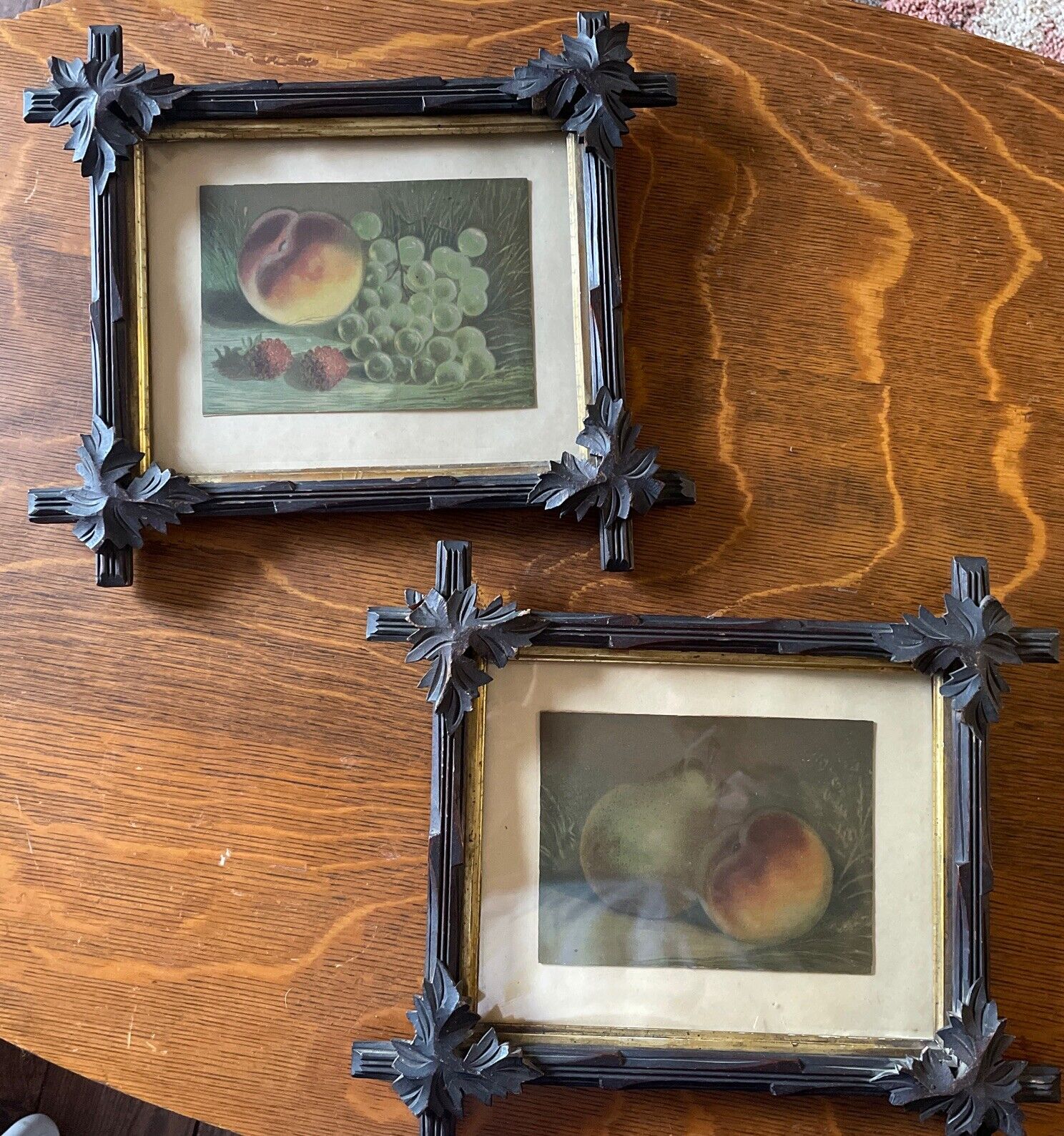 2 Antique Adirondack Black Forest Picture Frames Carved Leaf -Fruit Chalk Pastel