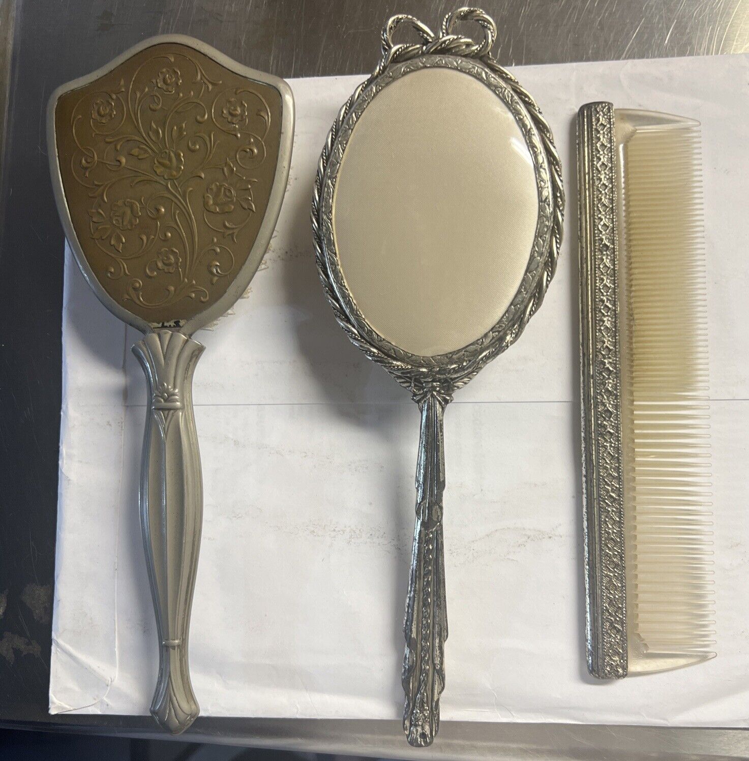 Vintage 2 Hair Brush & Combs Vanity Set Victorian Style Tone  Design