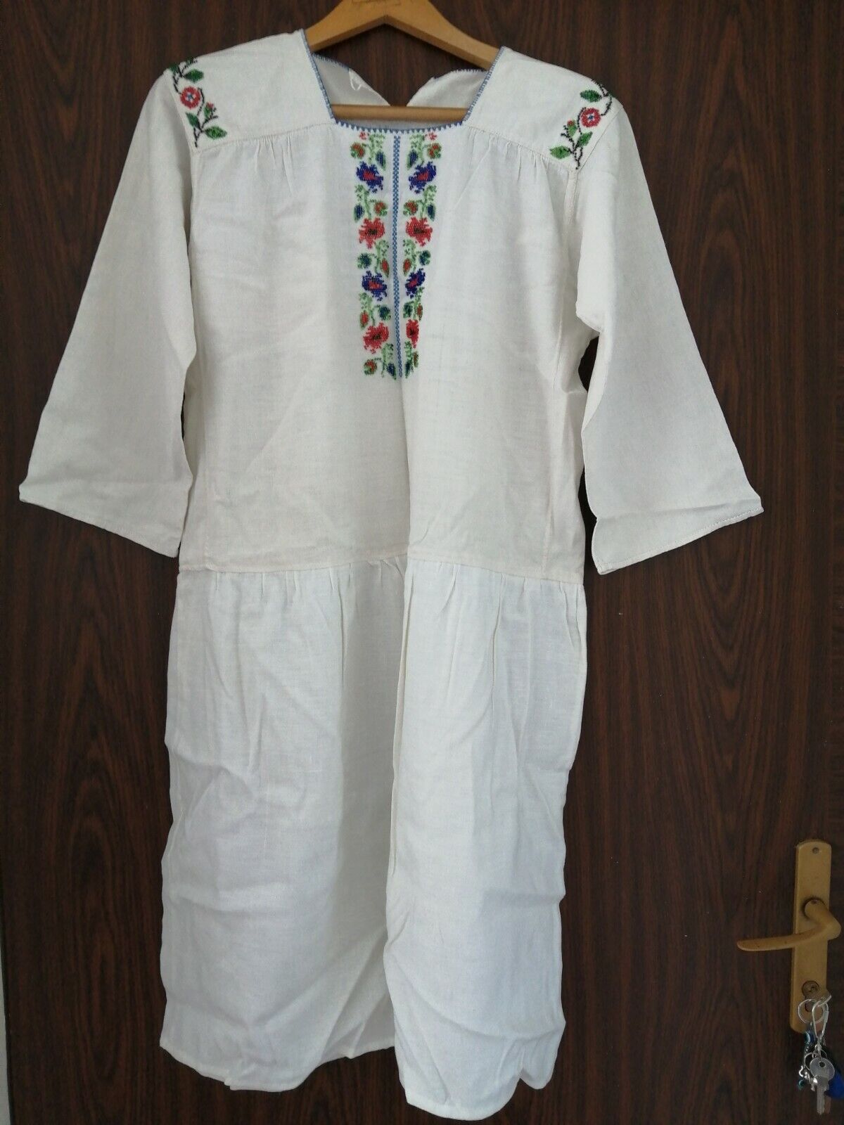 Old vintage folk night dress beads embroidered Romanian traditional woman blouse