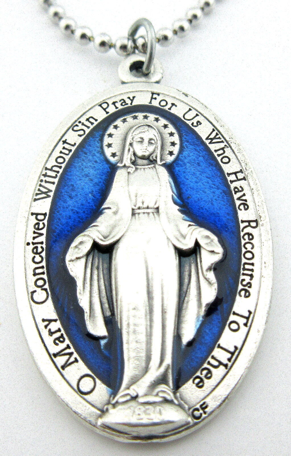 Miraculous Medal Pendant Necklace,Royal Blue,Silver,No Tarnish Chain,Prayer Card