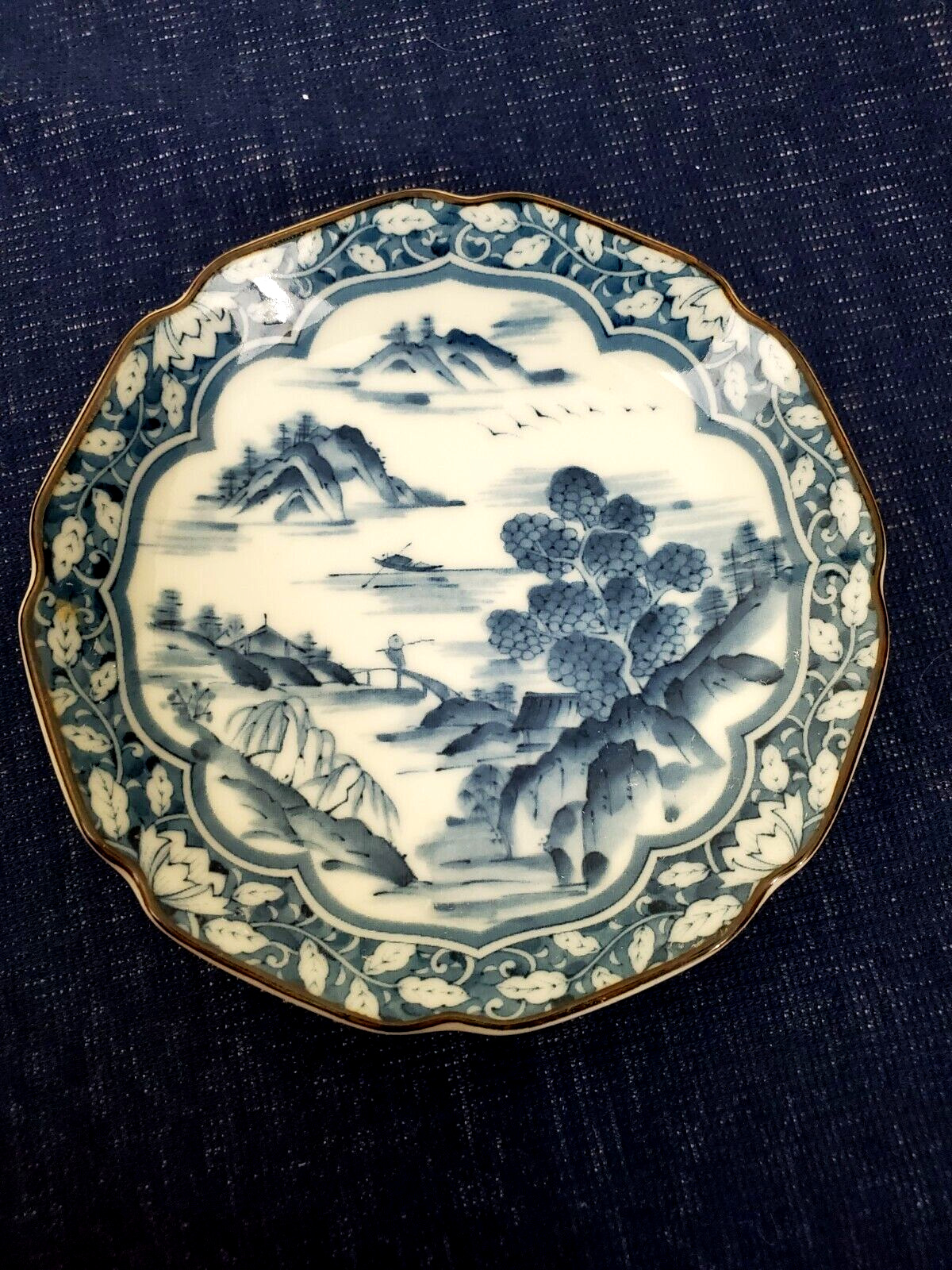 Japanese Arita Ware Porcelain Decor Plate Signed Cobalt Blue White 4.5” VINTAGE