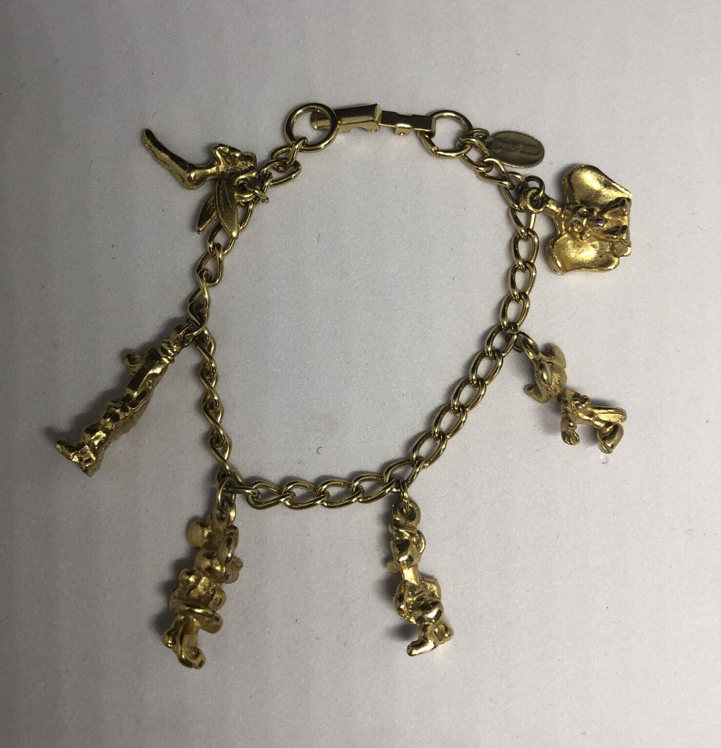 Vintage Gold Tone Disney 3d Charm Bracelet Mickey Dumbo Bracelet 6” Long