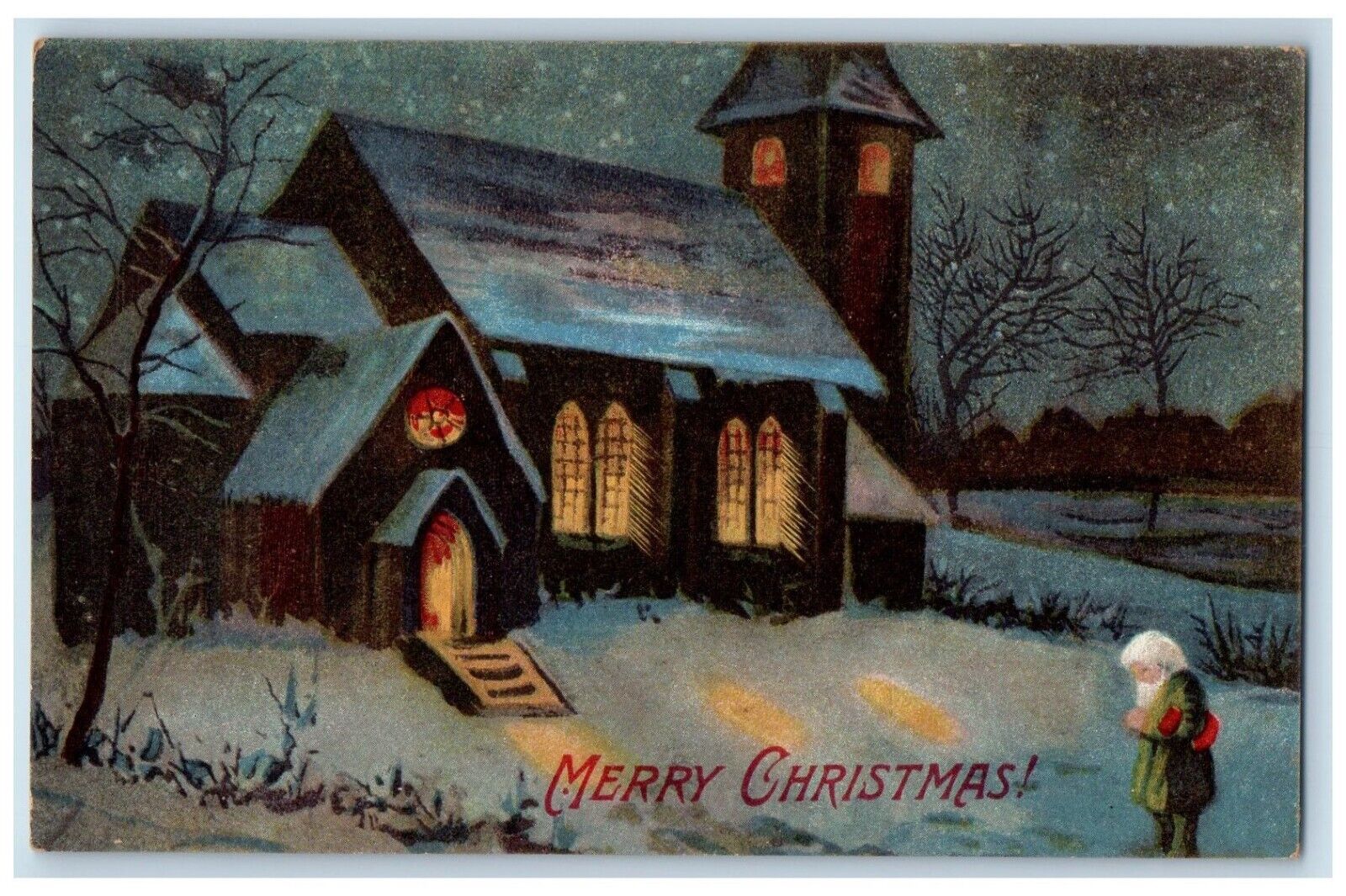 c1910\'s Merry Christmas Midget Elf House Winter Snow Trees Antique Postcard