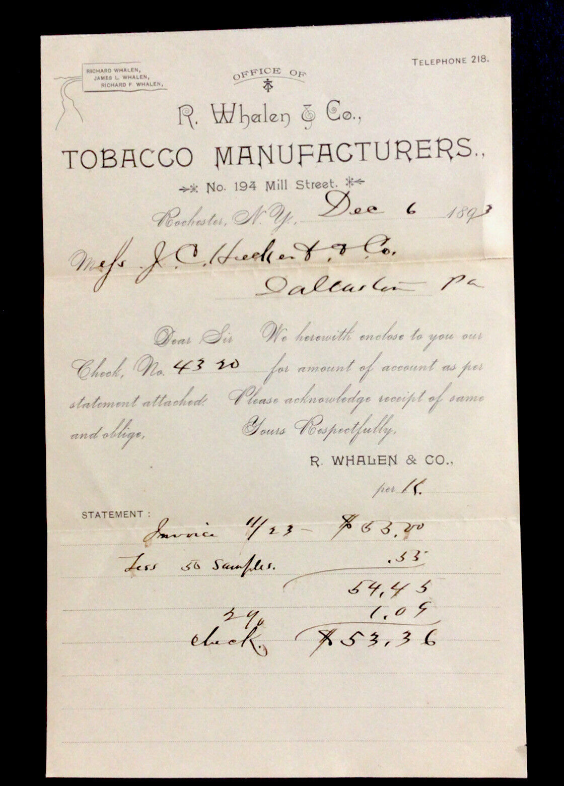 1893 bill head Rochester New York  R Whalen & co tobacco manufacturers #b9