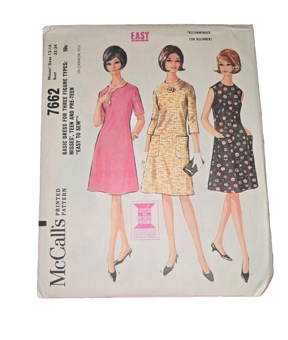 7662 Vintage McCall\'s SEWING Pattern Misses Dress 3 Figures OOP 1960s Size 12-14