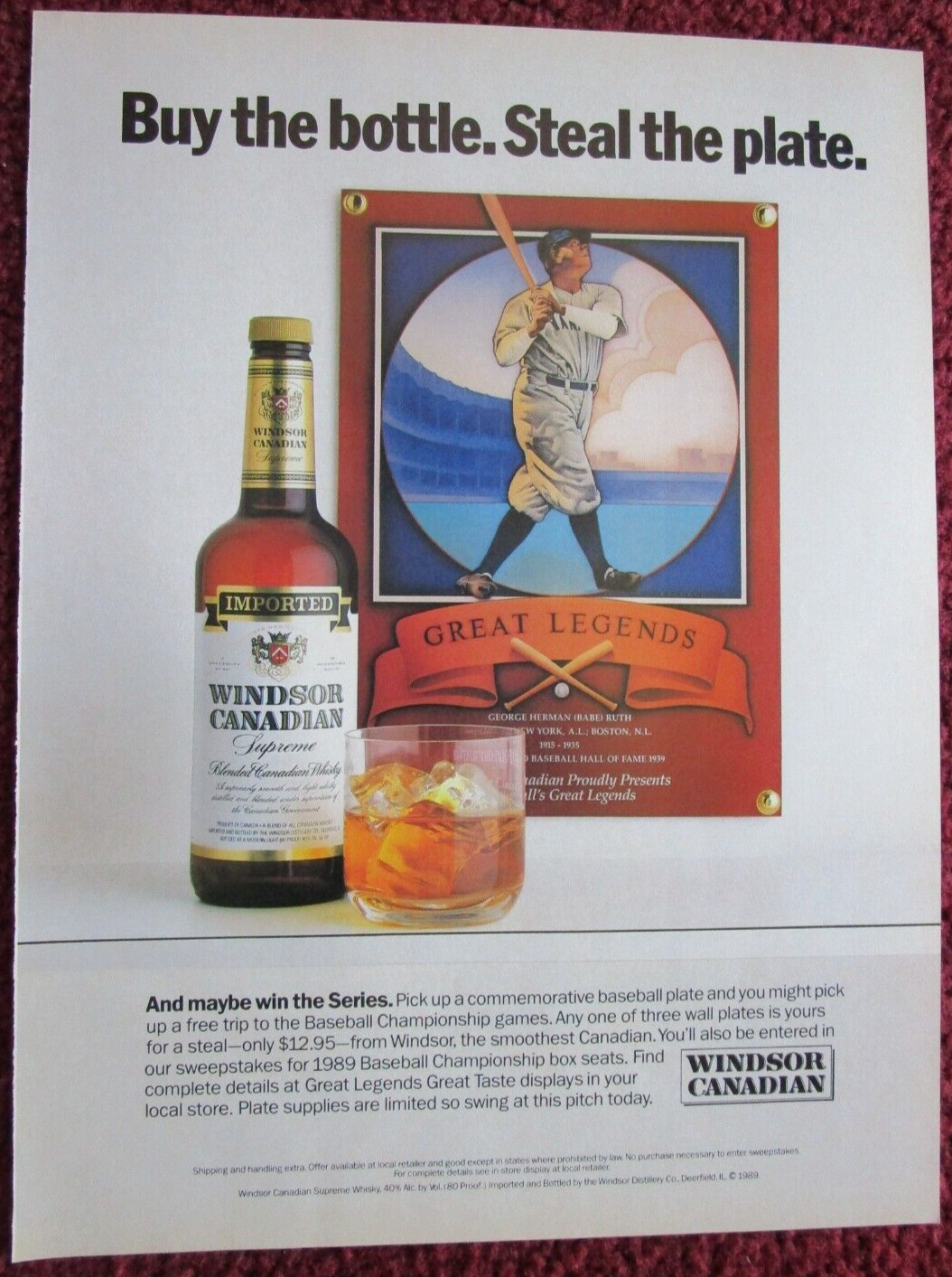 1989 WINDSOR Canadian Whisky Print Ad ~ Great Legends of Baseball BABE RUTH