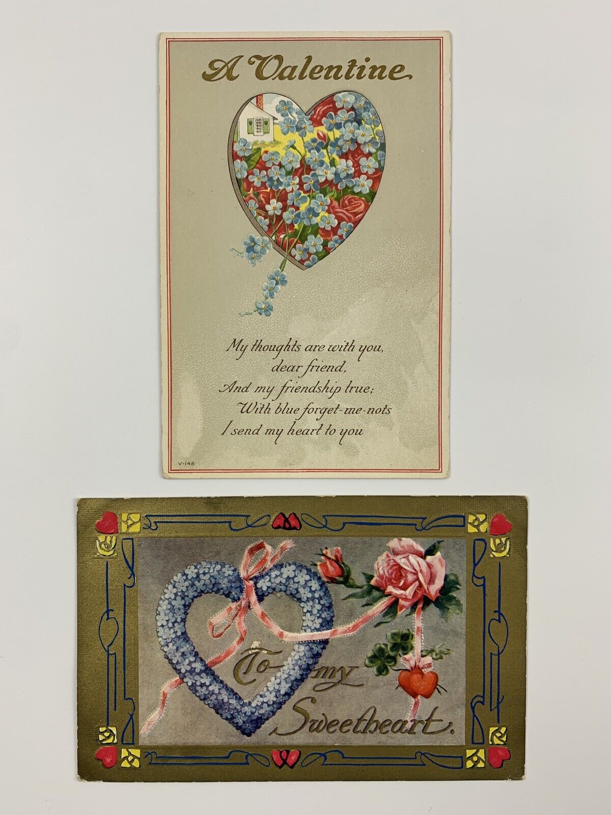 Lot 2 Antique Valentines Day Embossed Gold Postcards 1910s Flowers Hearts WI