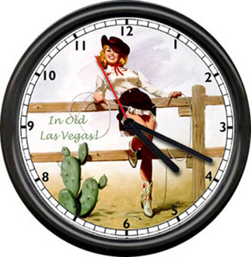 Cowgirl Las Vegas Nevada Rodeo Cactus Lasso Roper Retro Vintage Sign Wall Clock
