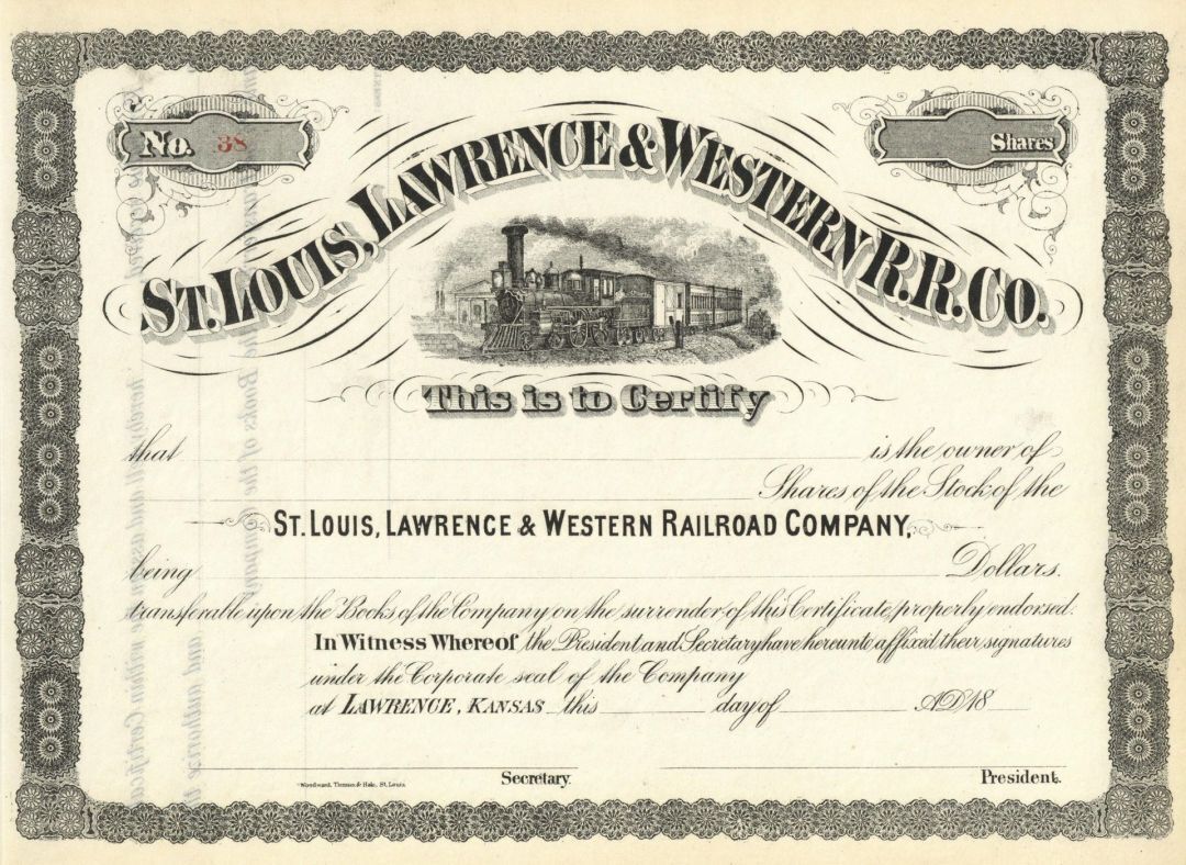 St. Louis, Lawrence and Western Railroad Co. - Unissued Railway Stock Certificat