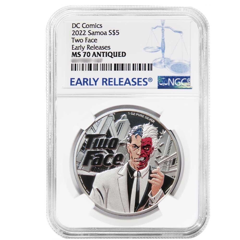 2022 Samoa $5 1oz Silver DC Comics Two-Face Antique High Relief Proof-Like Co...