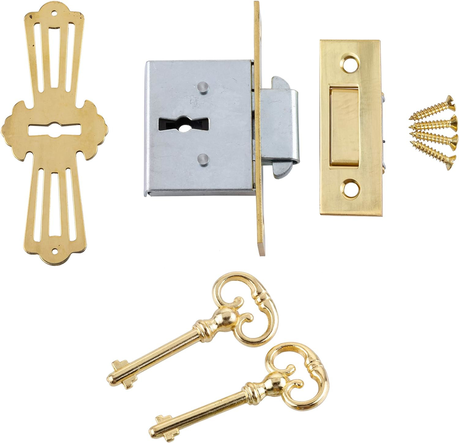 Brass Square Full Mortise Lock w/Two Skeleton Keys for Roll Top Desk - Antique |