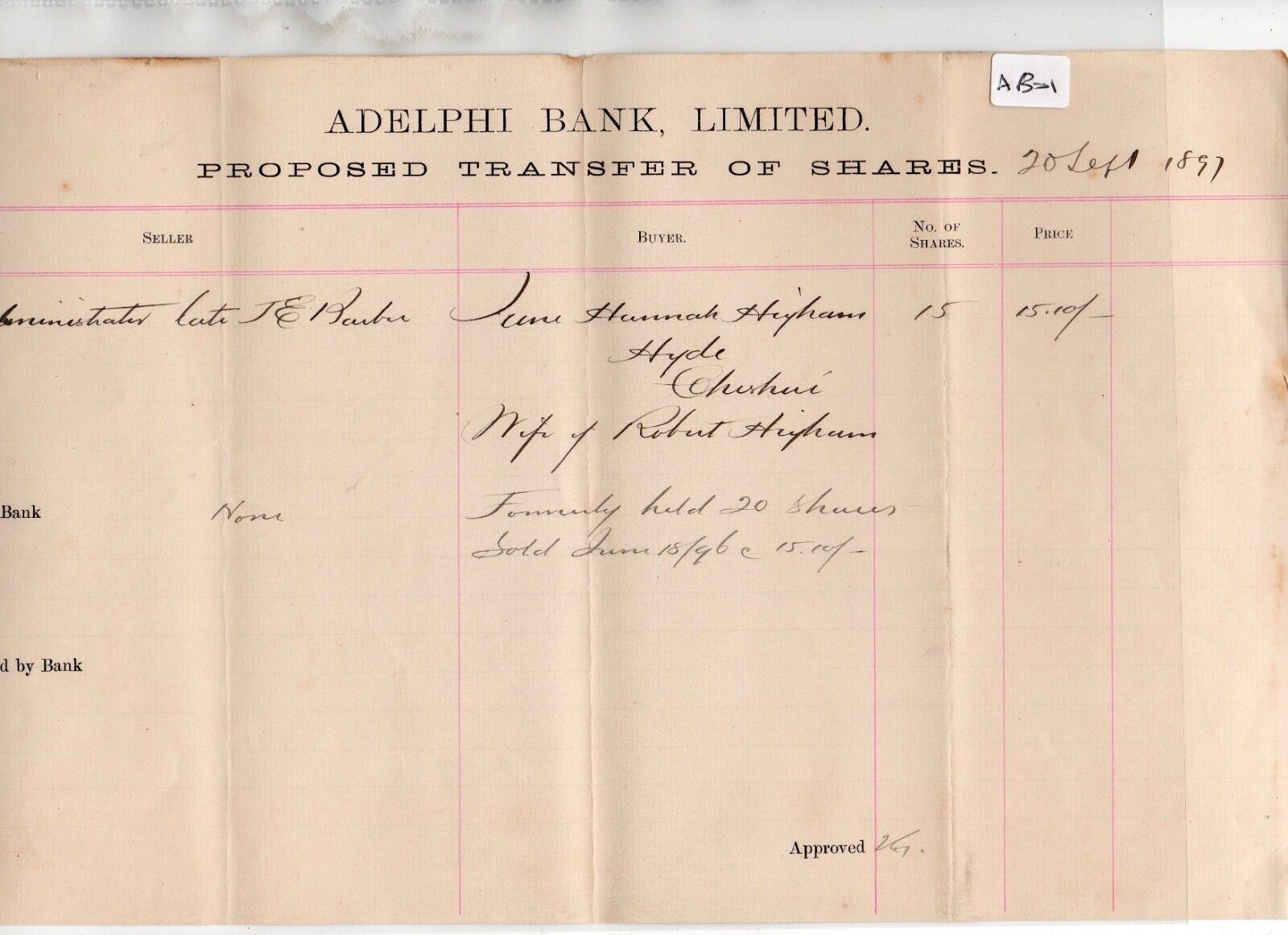 Adelphi Bank - (AB01) proposed  share transfer -  Sept 1897