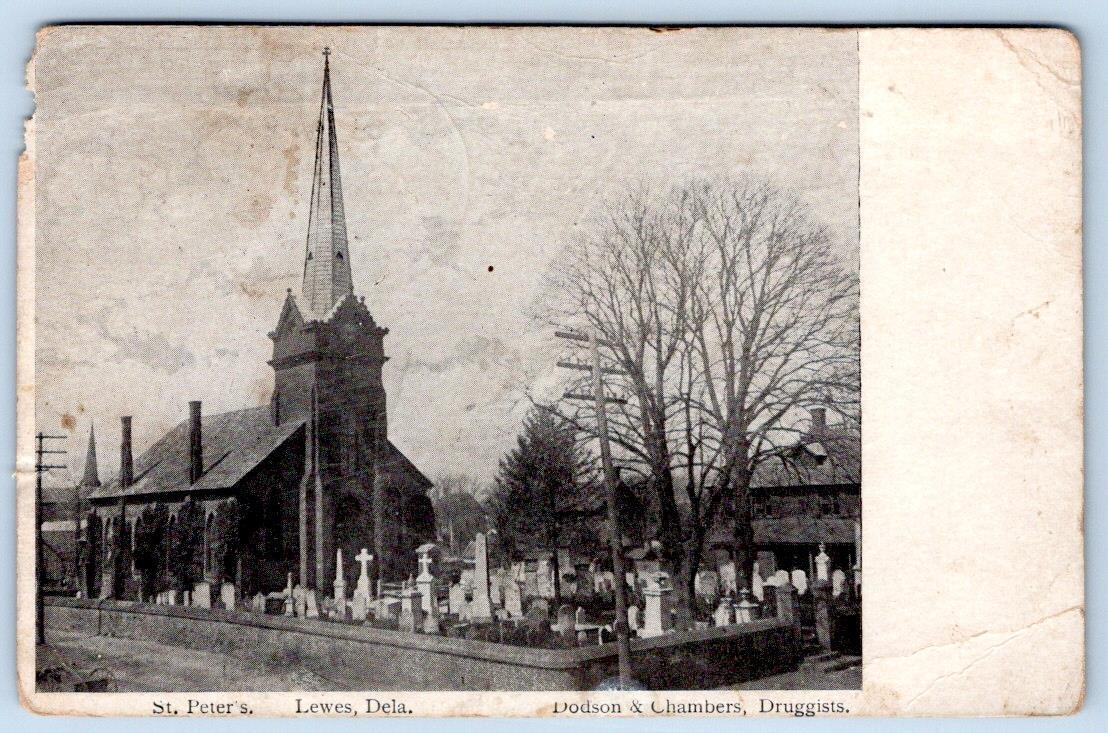 1908 LEWES DELAWARE ST PETERS CHURCH DODSON & CHAMBERS DRUGGISTS POSTCARD