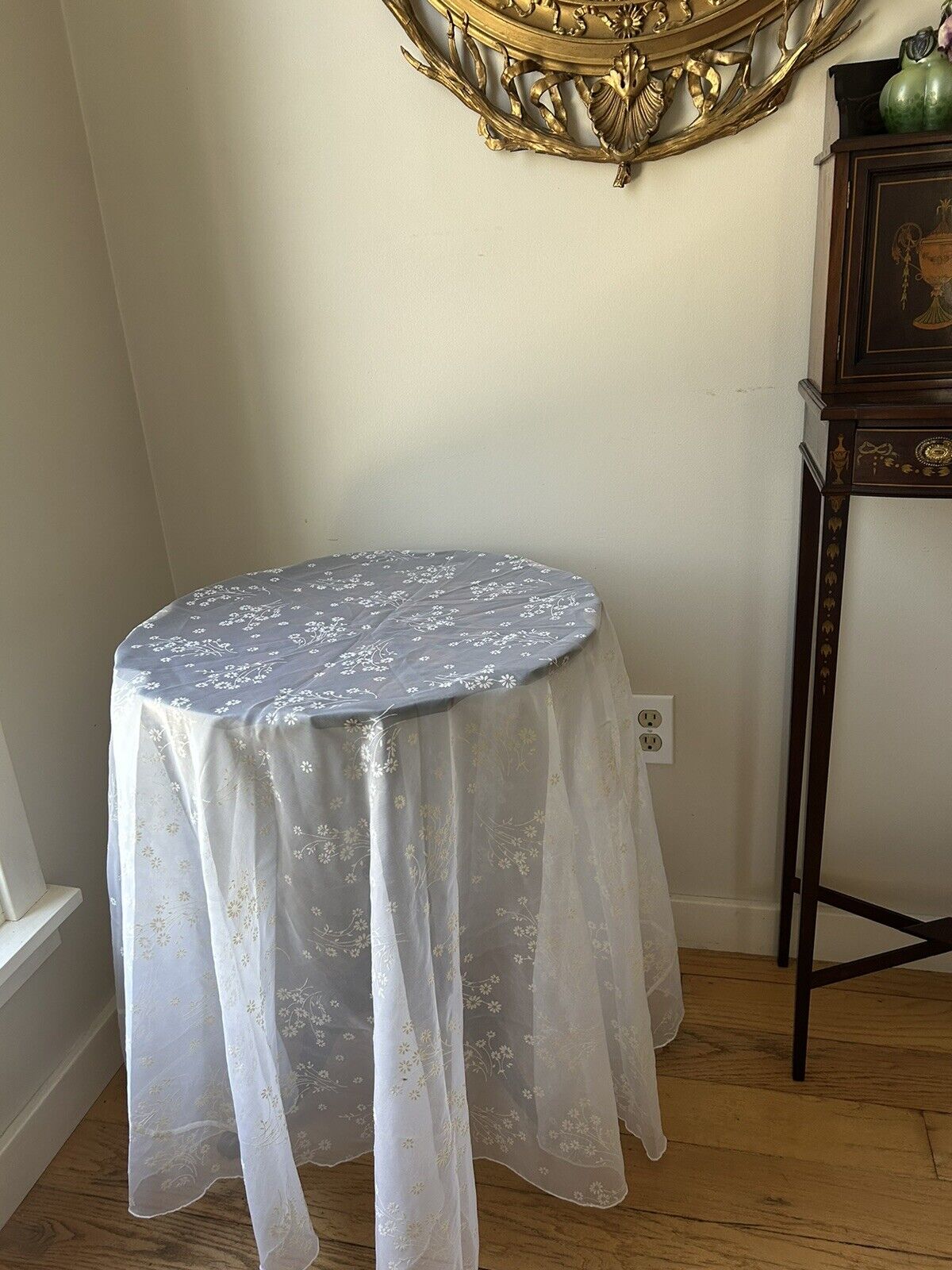 ANTIQUE French Sheer Flowered Tablecloth Beautiful