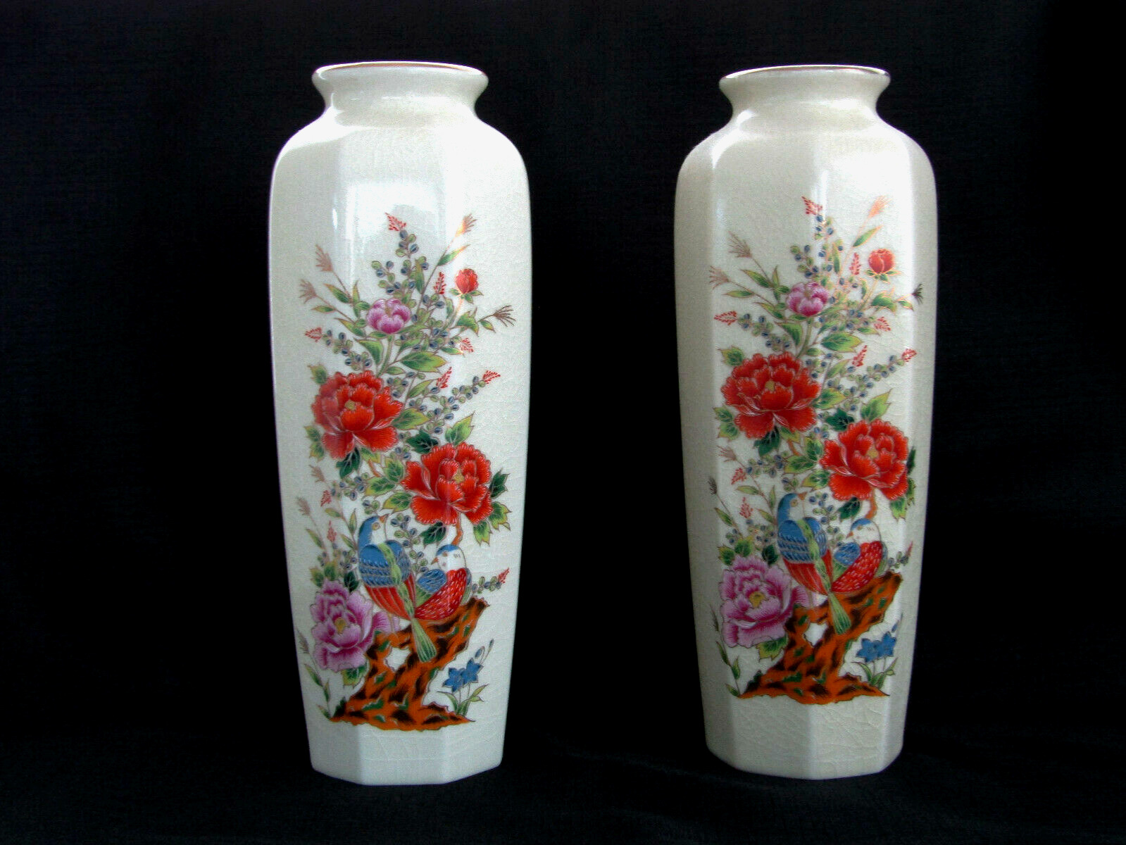 Pair of Vintage Japanese Porcelain Floral with Birds 11” Vases