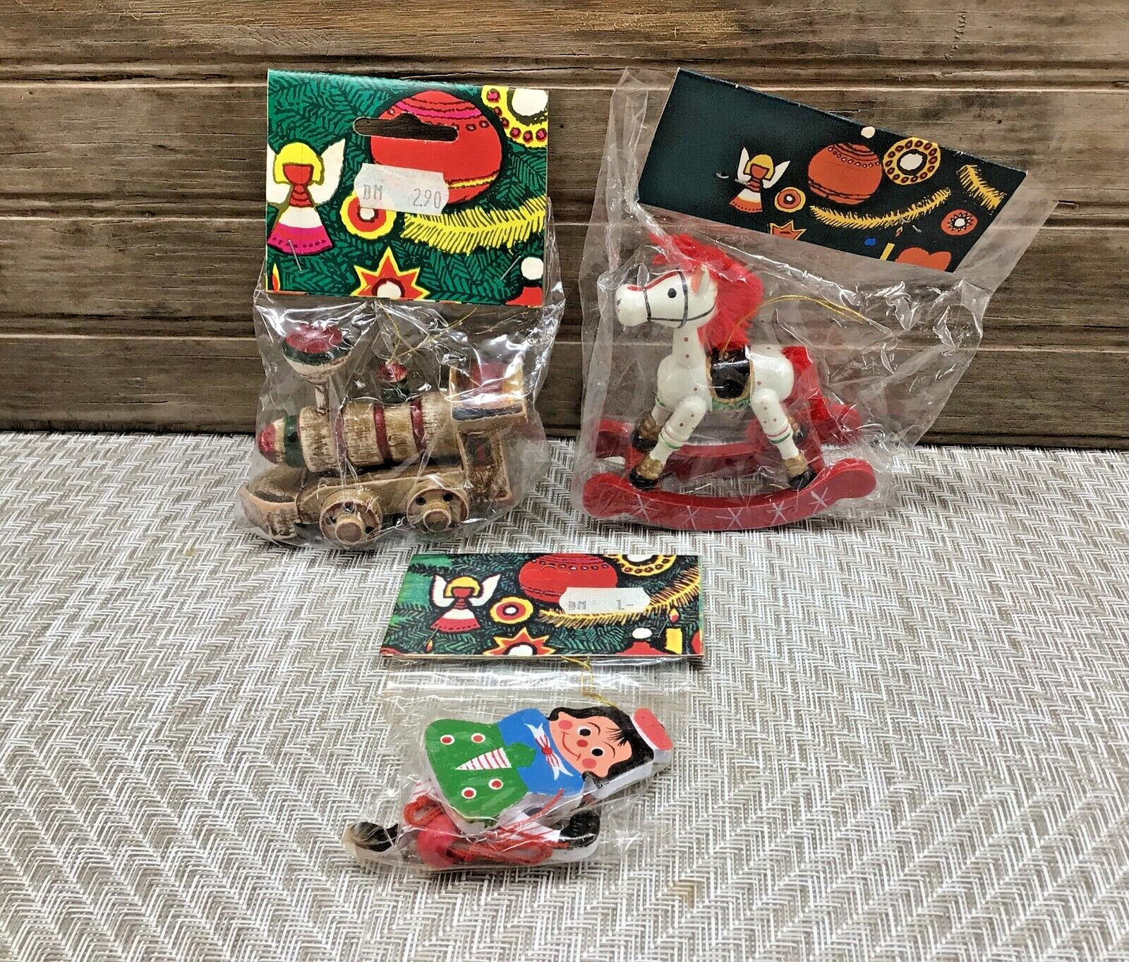 Lot of 3 Vtg Wooden Christmas Ornaments Made in Taiwan Sold in Germany DM Label