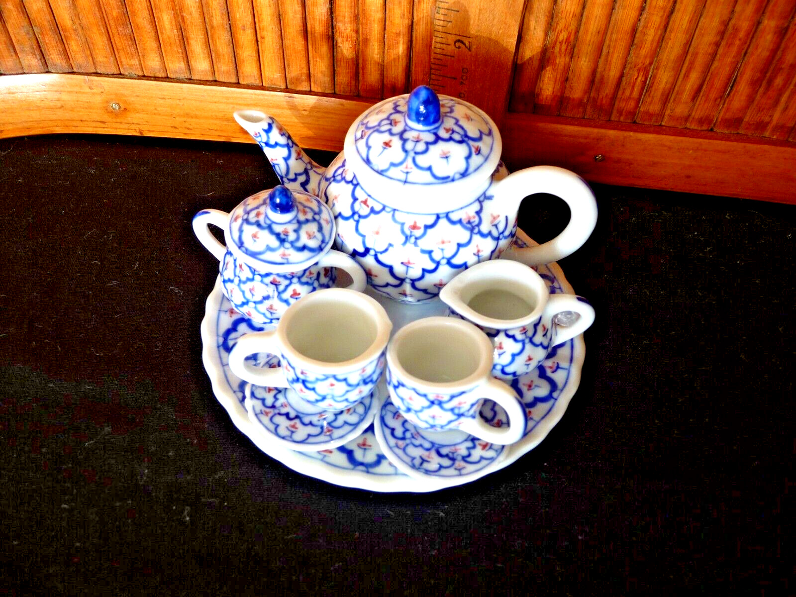 Miniature 10pc Tea Set / Blue Latticework with Pink Flowers