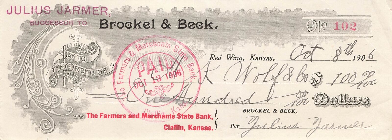 1906 Vintage Brocker & Beck Bank Check Farmers Merchants State Bank Claflin $100