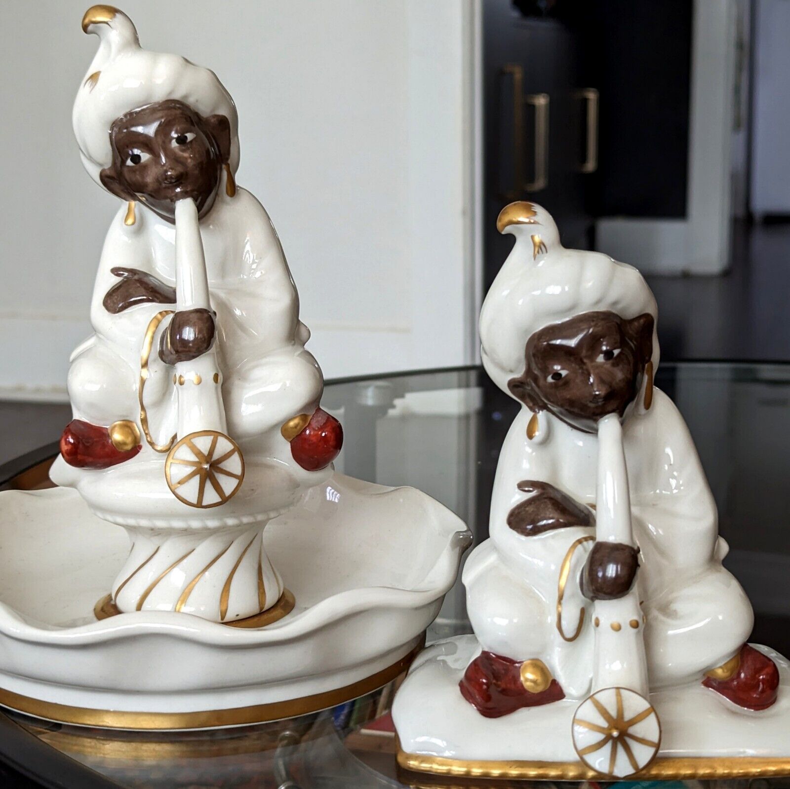Vtg Set Ceramic Swami Hookah Man India turban Candy Dish Ashtray Mid Cen Kitsch
