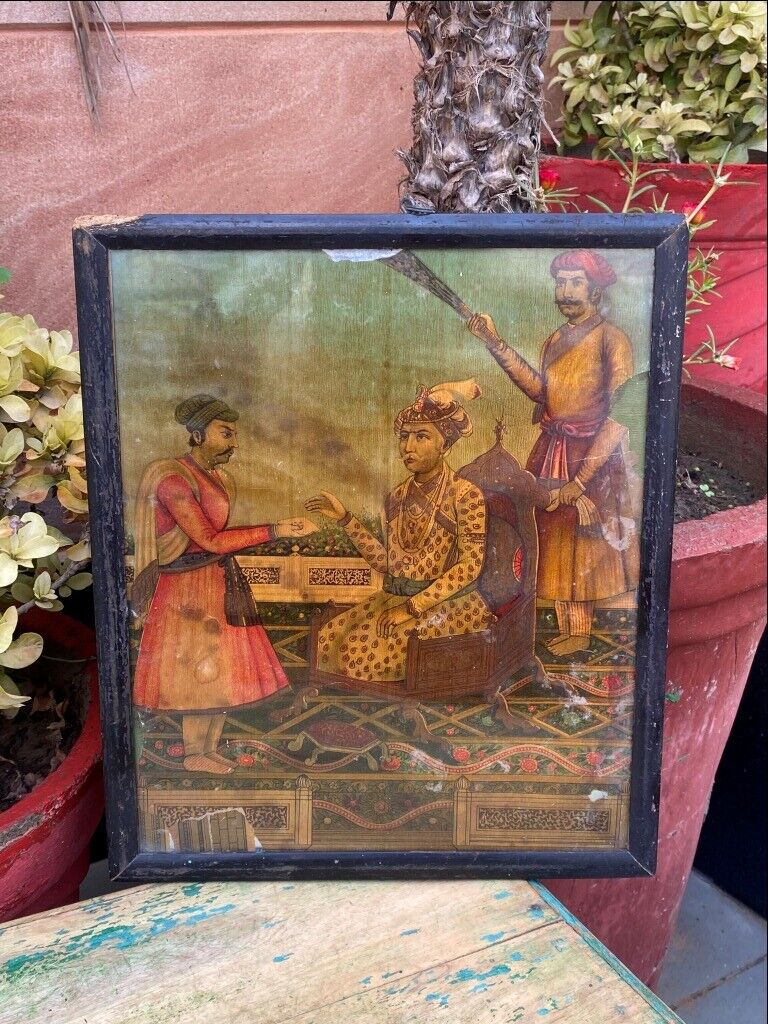 Antique Old  Rare Original Ravi Varma Press Litho Print Mugal King Akbar Framed 