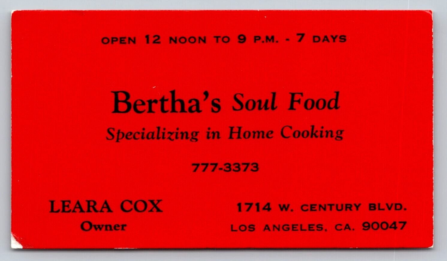 Vintage Business Card Bertha\'s Soul Food Restaurant Los Angeles California