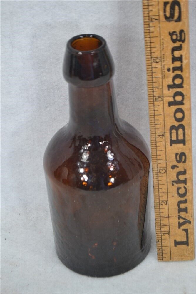 antique amber brown bottle tapered collar 6.75 tall blown in mold original 