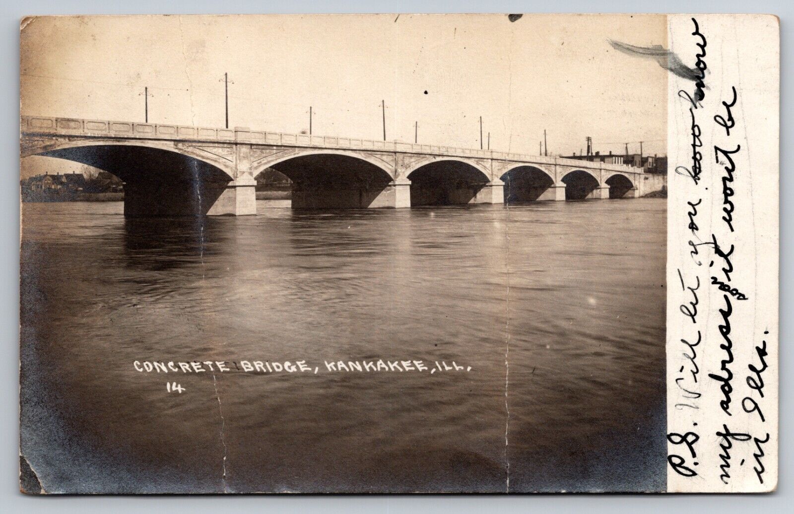 Concrete Bridge Kankakee Illinois IL 1908 Real Photo RPPC