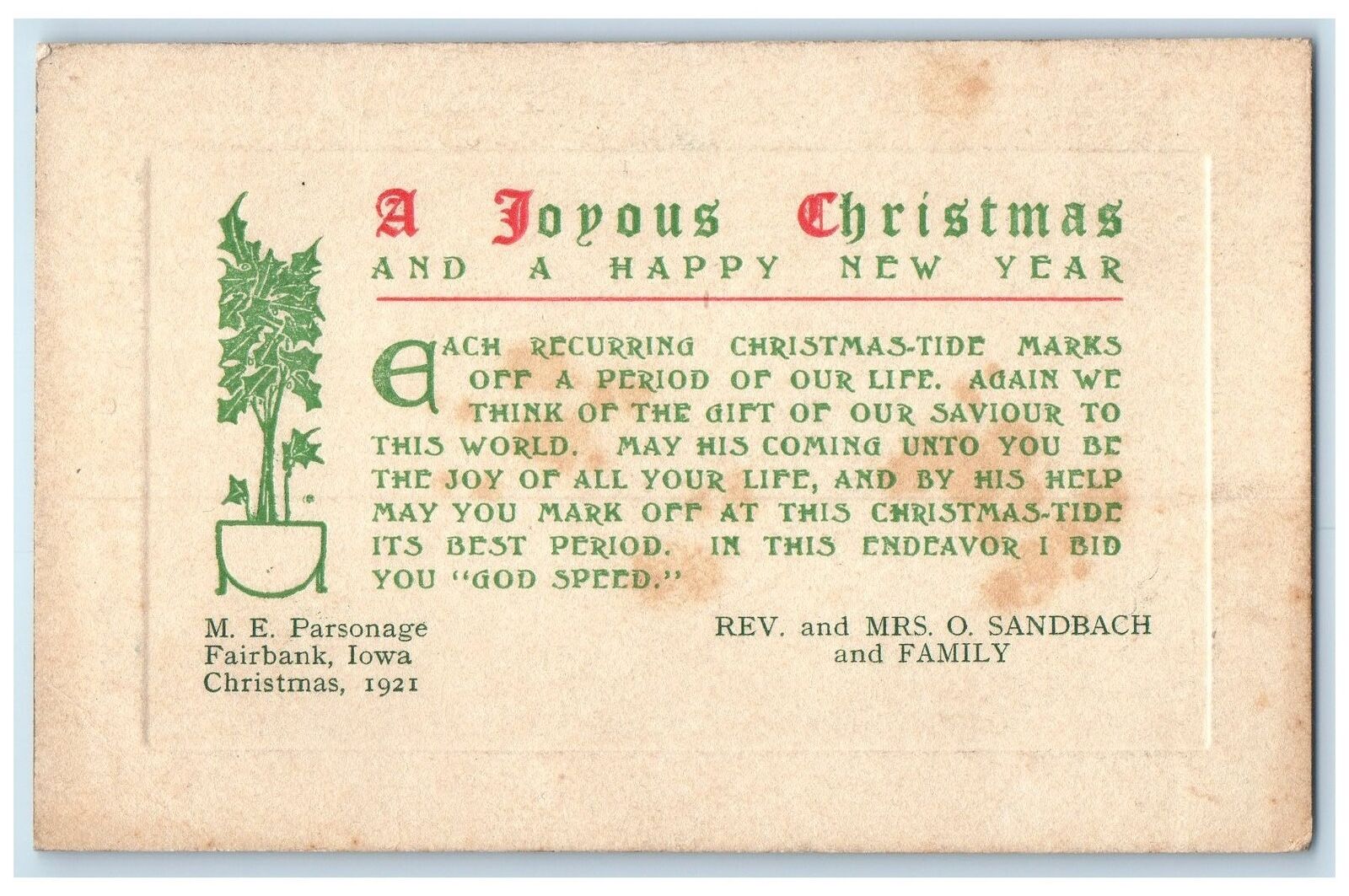 1921 Methodist Episco. Parsonage Christmas 1921 Greetings Fairbank Iowa Postcard