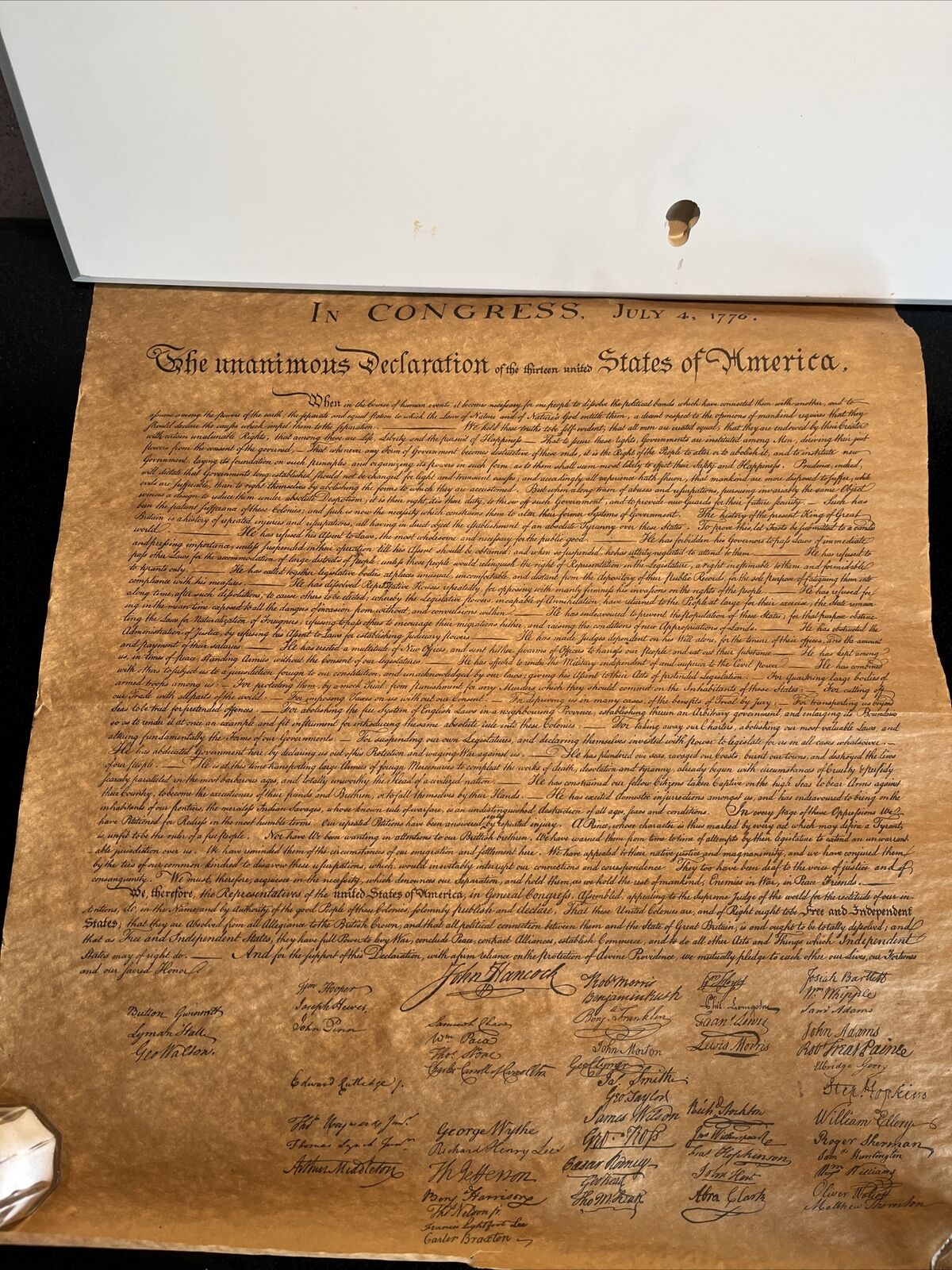 The Declaration of Independence Replica Printed W/Antiqued Parch Paper 15”x14”