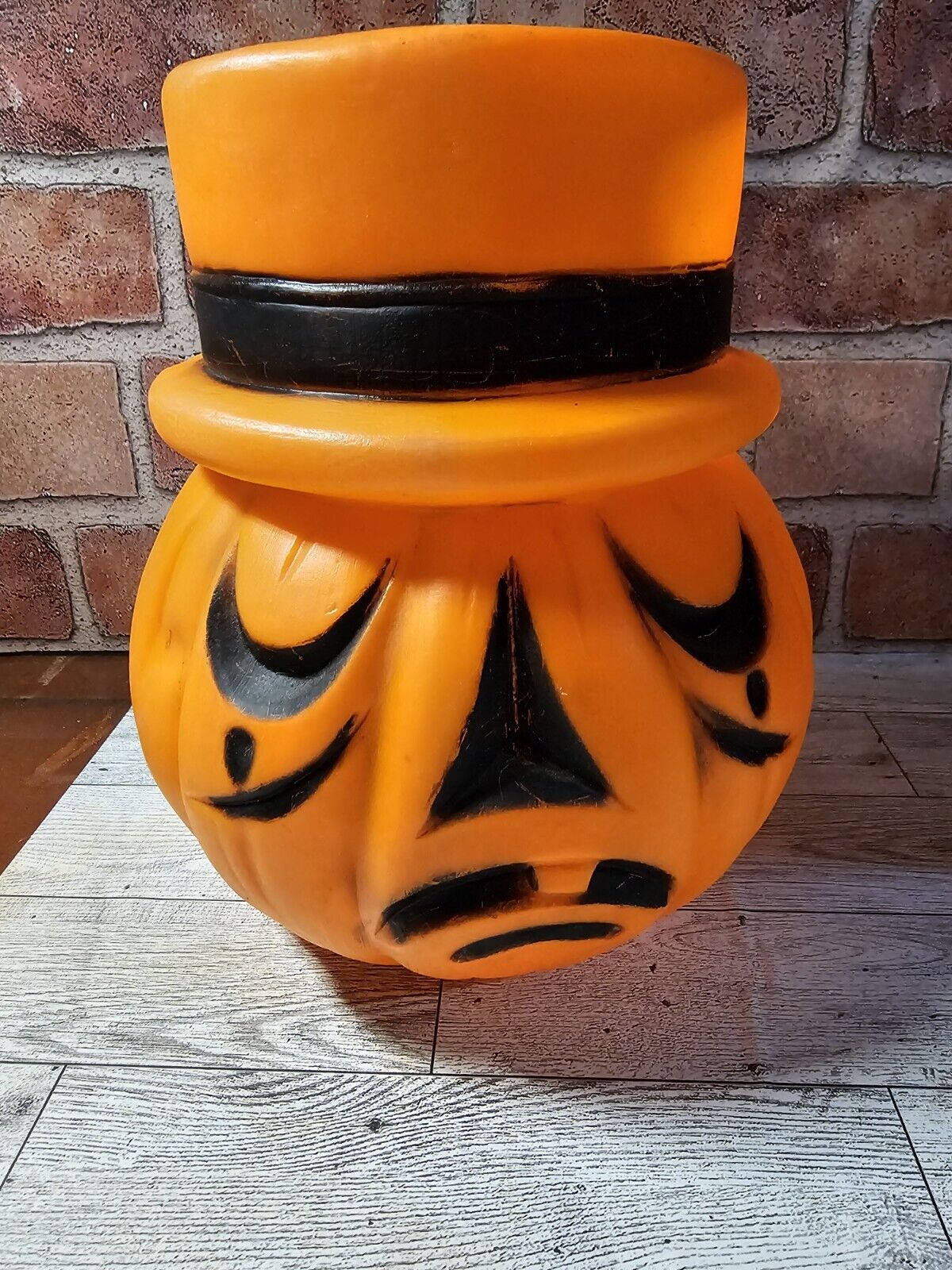 Two Sided Hi-Hat Pumpkin Vintage Blow Mold Halloween Jack O Lantern NO HANDLE
