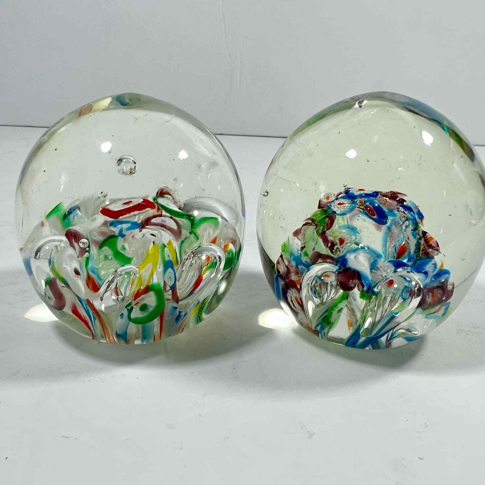 Set of two vintage clear multi color round paperweight Bubbles