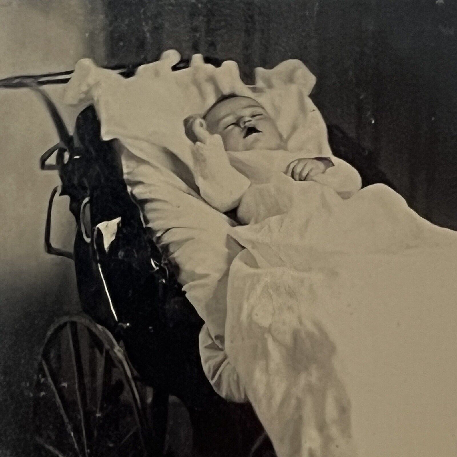 Antique Tintype Photograph Post Mortem Baby in Stroller Momento Mori Morbid Odd