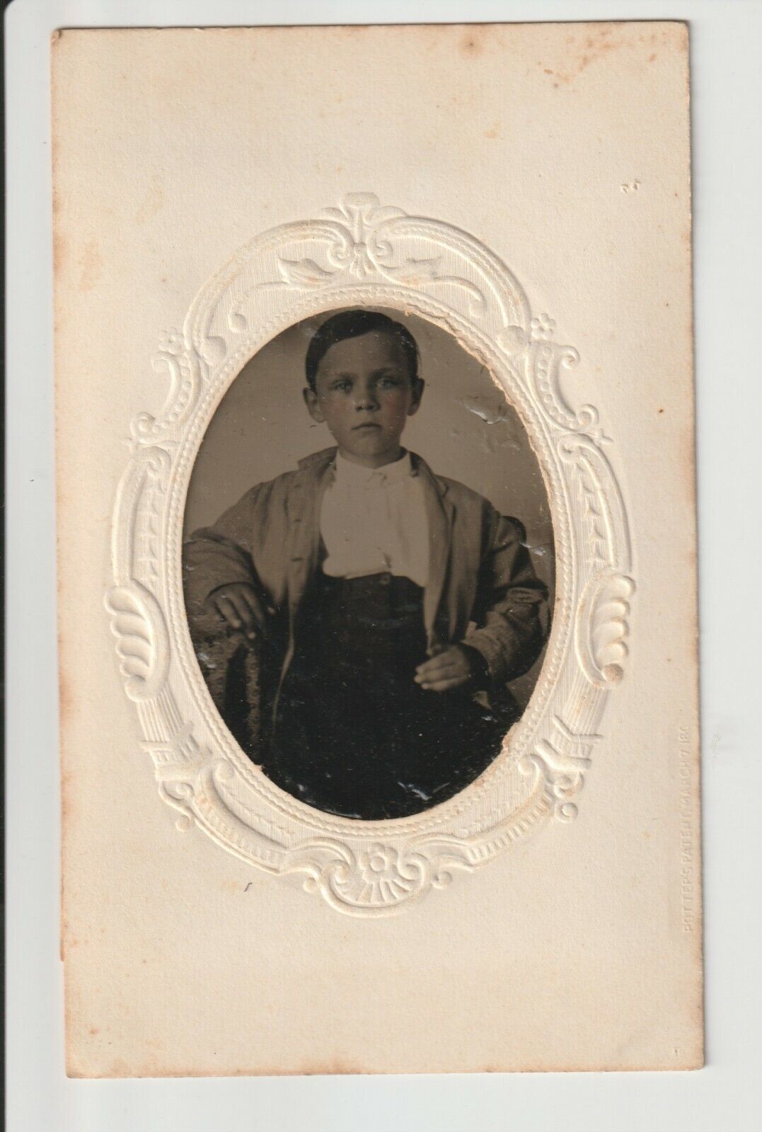 Civil War Era Ferrotype Tintype of young boy with pressed cardboard frame 1860's